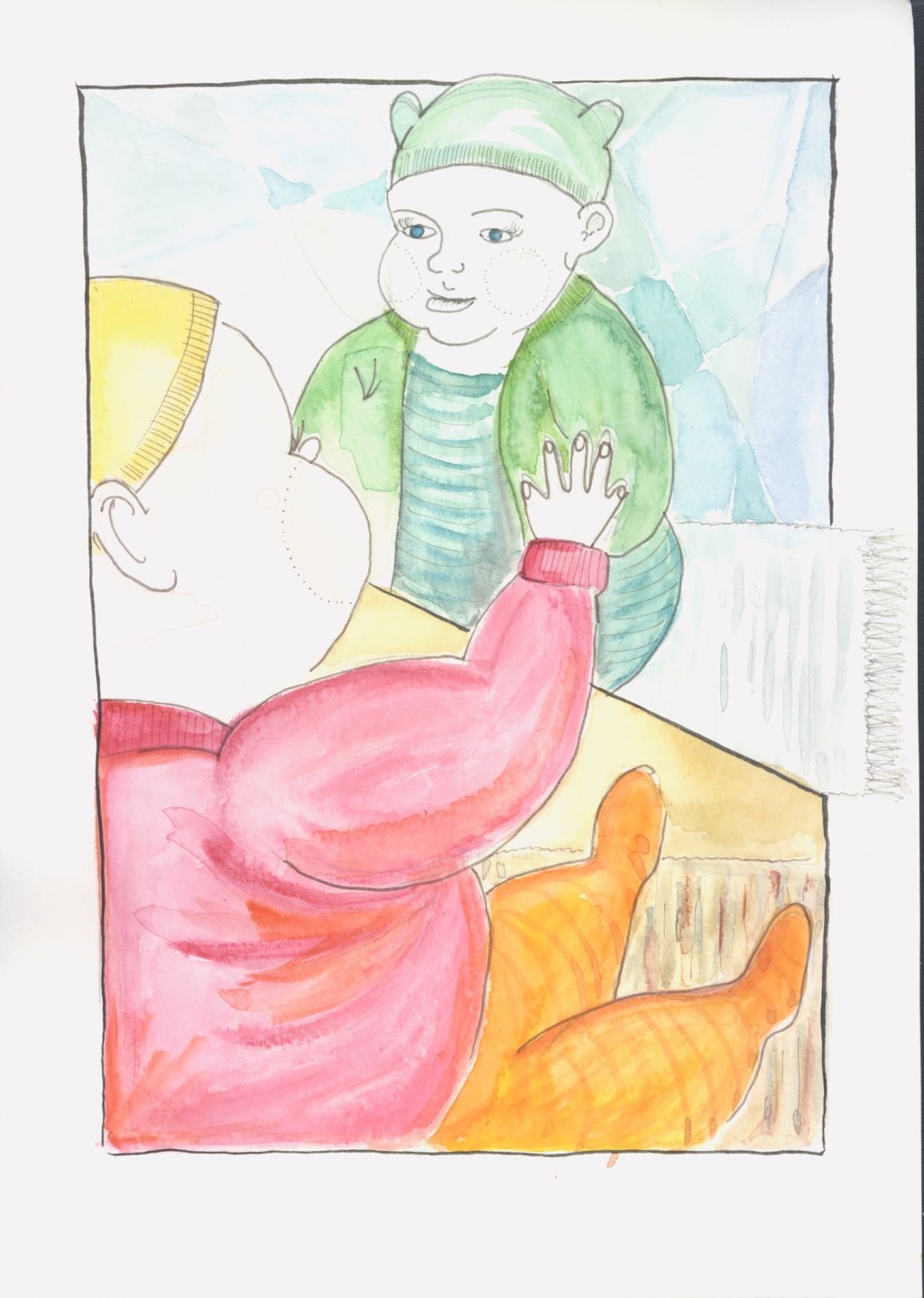 The Mirror Baby, June 2021. A drawing and water colour of a baby looking at themselves in the mirror.